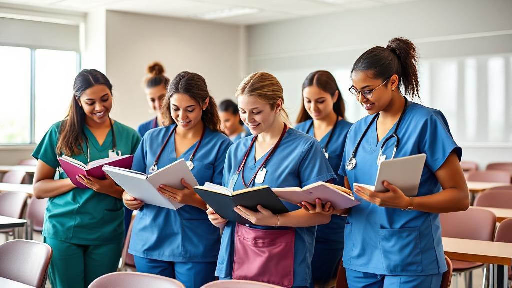 A diverse group of nursing students in scrubs, studying together with textbooks and laptops in a bright, modern classroom.