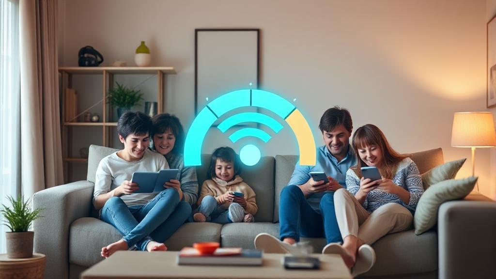 A family using various devices at home, with a Wi-Fi symbol and speedometer graphic overlay.