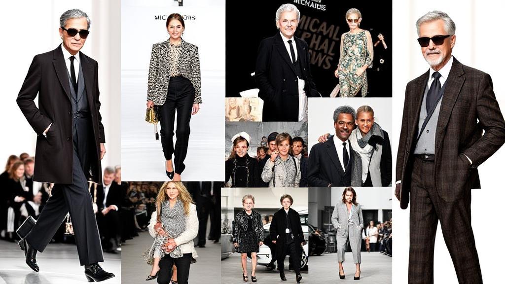 A stylish collage of Michael Kors' iconic fashion designs and candid moments from his illustrious career.