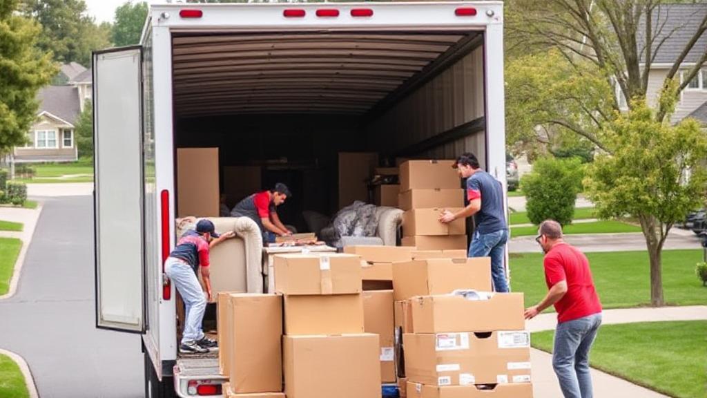 A bustling moving truck with professional movers efficiently loading furniture and boxes, set against a suburban neighborhood backdrop.