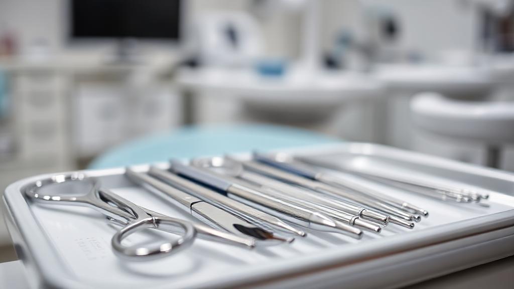 A close-up image of dental surgical tools laid out on a sterile tray, with a blurred background of a dental clinic setting.