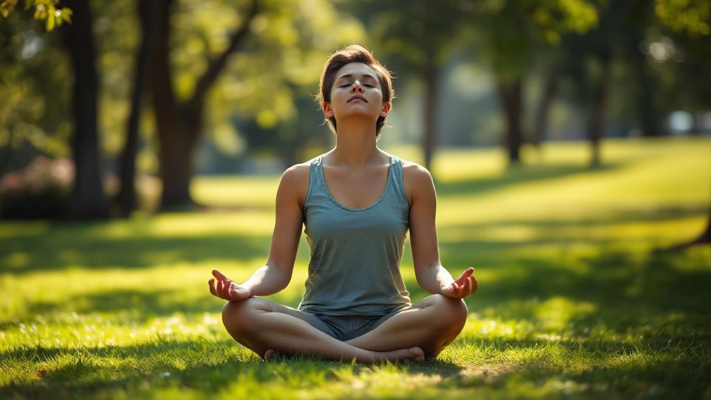 A serene scene of a person sitting cross-legged in a sunlit park, eyes closed and surrounded by nature, embodying calm and mindfulness.