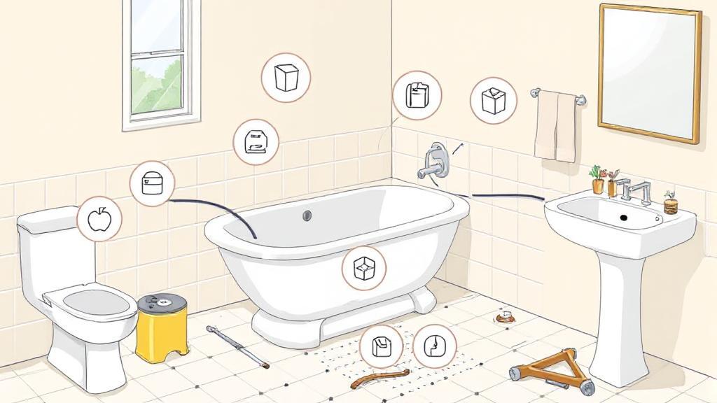 A detailed illustration of a bathroom renovation scene, highlighting a new bathtub installation with cost-related icons and tools.