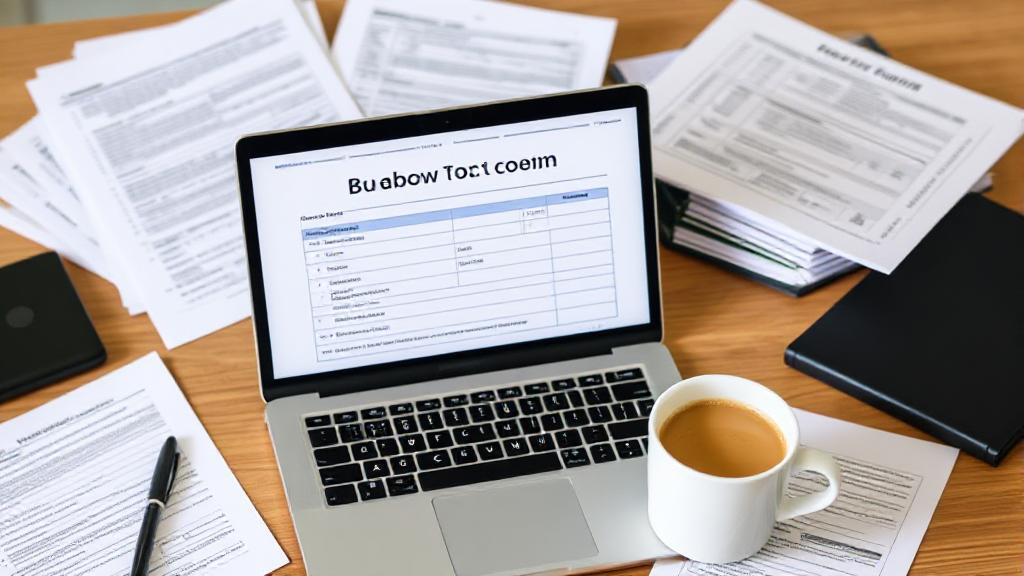A neatly organized desk with tax documents, a laptop displaying a tax return form, and a cup of coffee, symbolizing the process of obtaining a copy of your tax return.