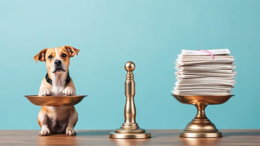 A balanced scale with a dog on one side and a stack of vet bills on the other, symbolizing the decision of pet insurance.