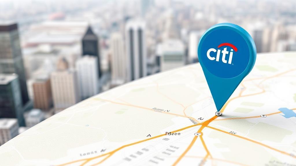 A map with a highlighted pin marking a Citibank branch location amidst a cityscape.