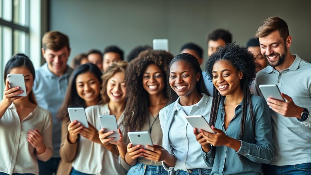 A diverse group of people happily reviewing their credit scores on digital devices, symbolizing the empowerment of building credit as authorized users.