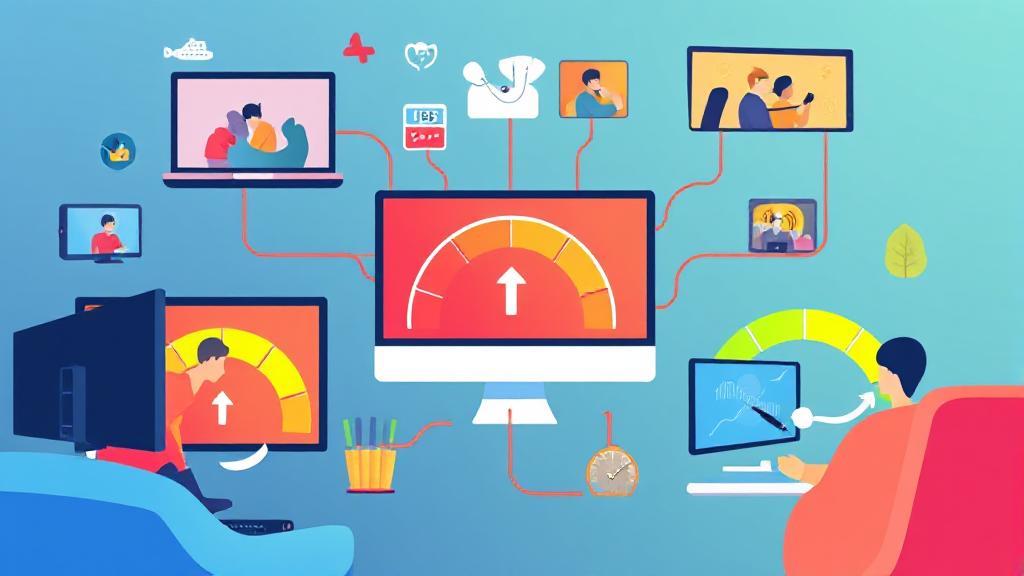 A dynamic illustration depicting various internet activities, such as streaming, gaming, and video conferencing, connected by vibrant speedometer graphics to symbolize optimal upload speeds.