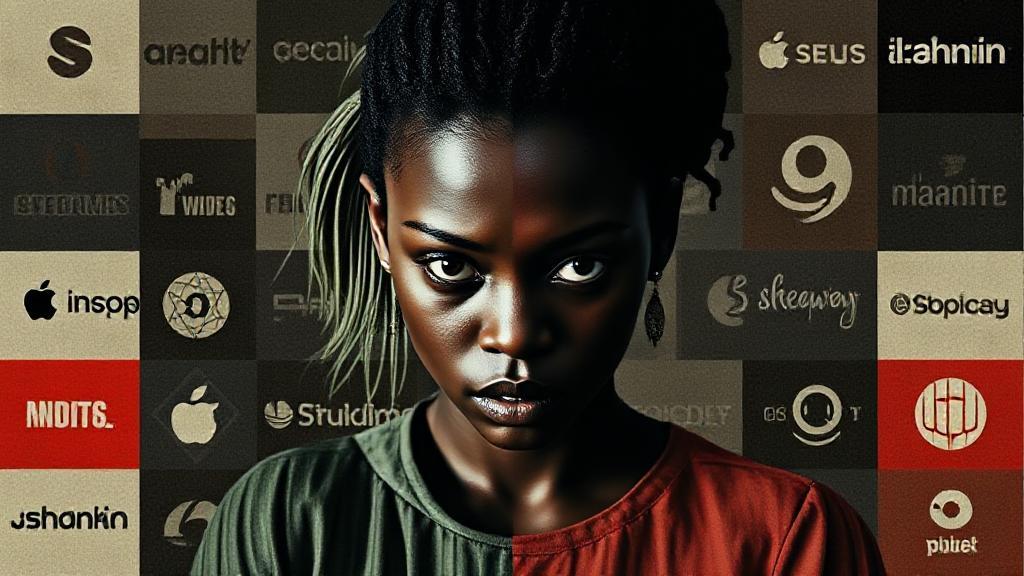 A suspenseful collage featuring the haunting duality of Lupita Nyong'o's character from the movie "Us," set against a backdrop of streaming platform logos.