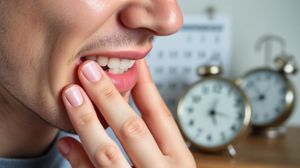 A close-up image of a person gently touching their cheek, symbolizing wisdom teeth discomfort, with a calendar and clock in the background to represent recovery time.