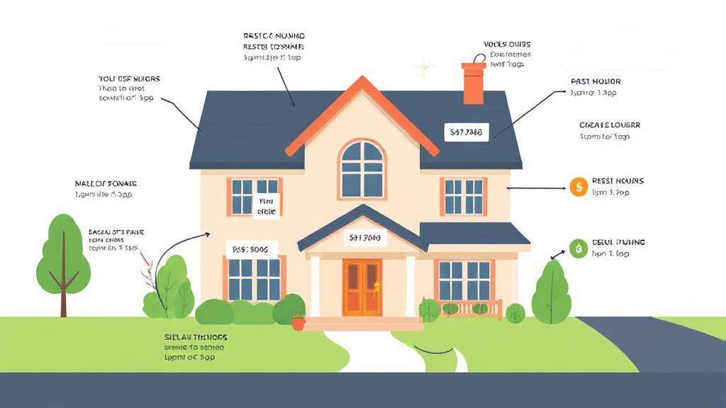 A detailed illustration of a house with price tags and financial symbols, representing the various costs involved in selling a property.
