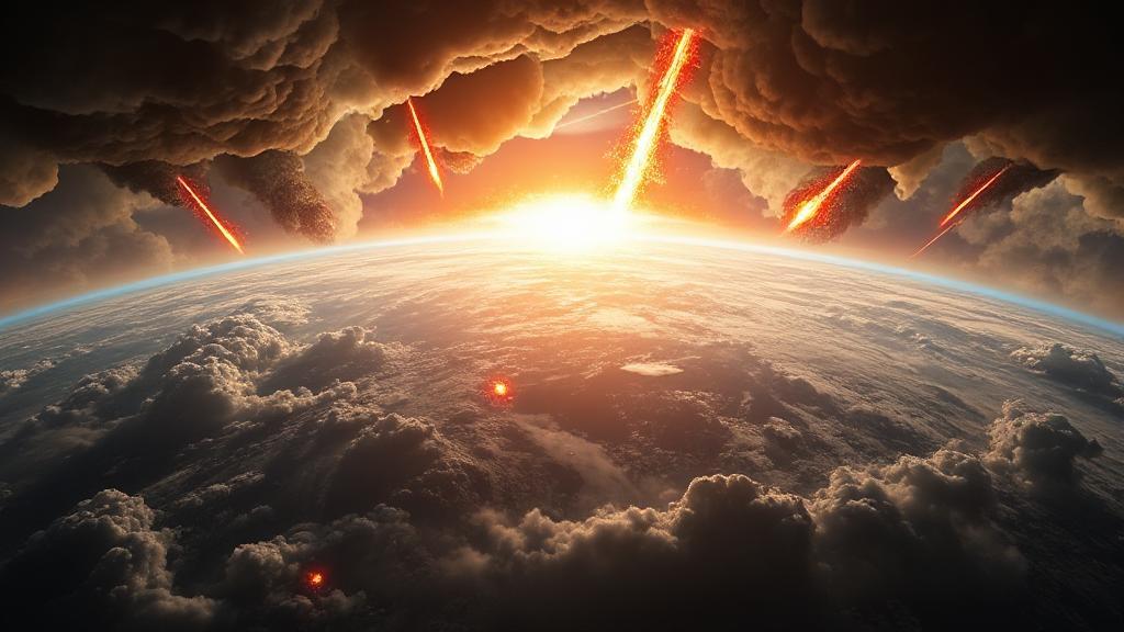 A dramatic depiction of Earth with ominous storm clouds and fiery meteors approaching, symbolizing potential apocalyptic scenarios.