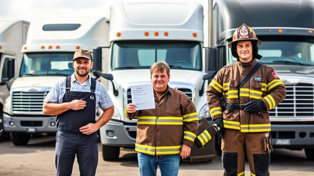 A diverse group of drivers, including a farmer, a local delivery driver, and a firefighter, standing in front of various vehicles, symbolizing those exempt from needing a DOT medical card.