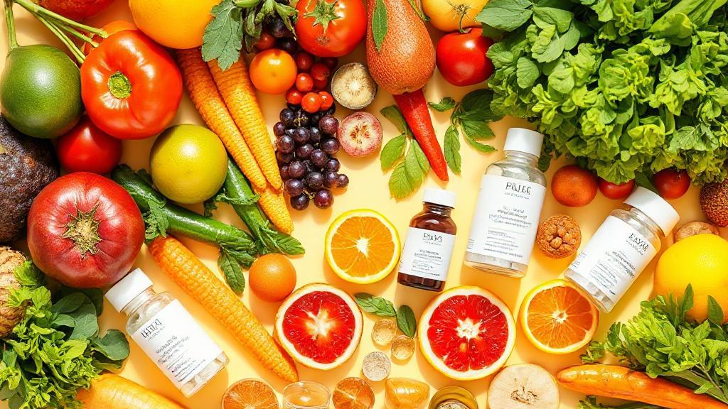 A vibrant flat-lay of fresh fruits, vegetables, and vitamin supplements arranged around skincare products on a bright, glowing background.
