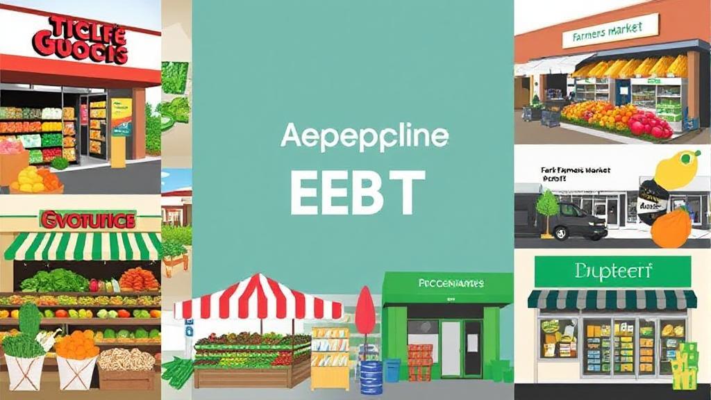A vibrant collage of grocery stores, farmers markets, and retail locations accepting EBT cards, symbolizing diverse shopping options.