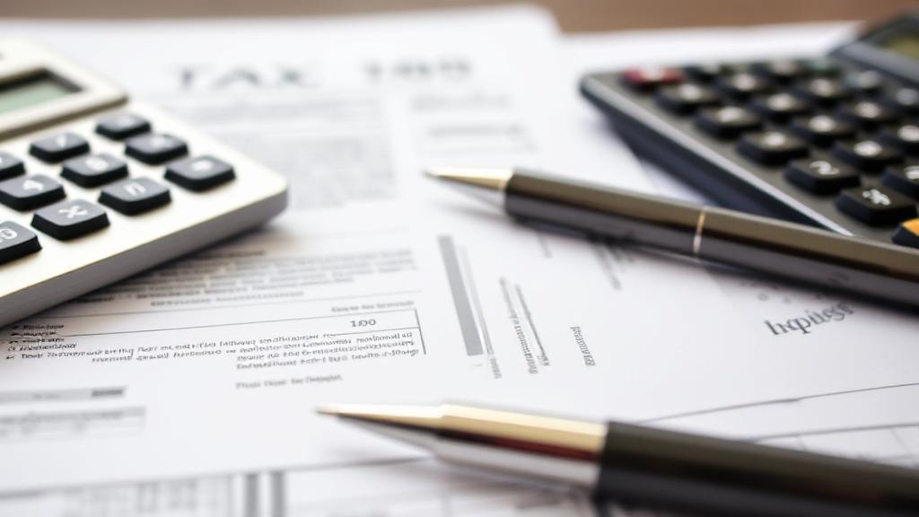 A close-up image of a calculator, tax forms, and a pen on a desk, symbolizing financial planning and tax calculations.