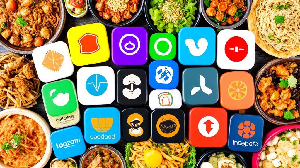 A vibrant collage of various food delivery app logos surrounded by an assortment of colorful, appetizing dishes.