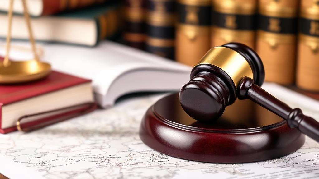 A professional-looking image of a gavel resting on a legal document, with a background of law books and a map highlighting local regions.