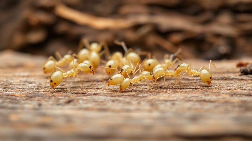 A close-up image of white ants (termites) on a wooden surface, highlighting their distinct features and behavior.
