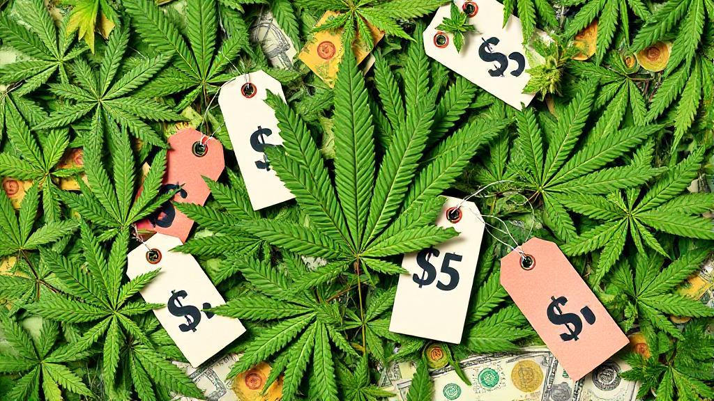 A vibrant collage of cannabis leaves, price tags, and currency symbols illustrating the economic dynamics of marijuana pricing.
