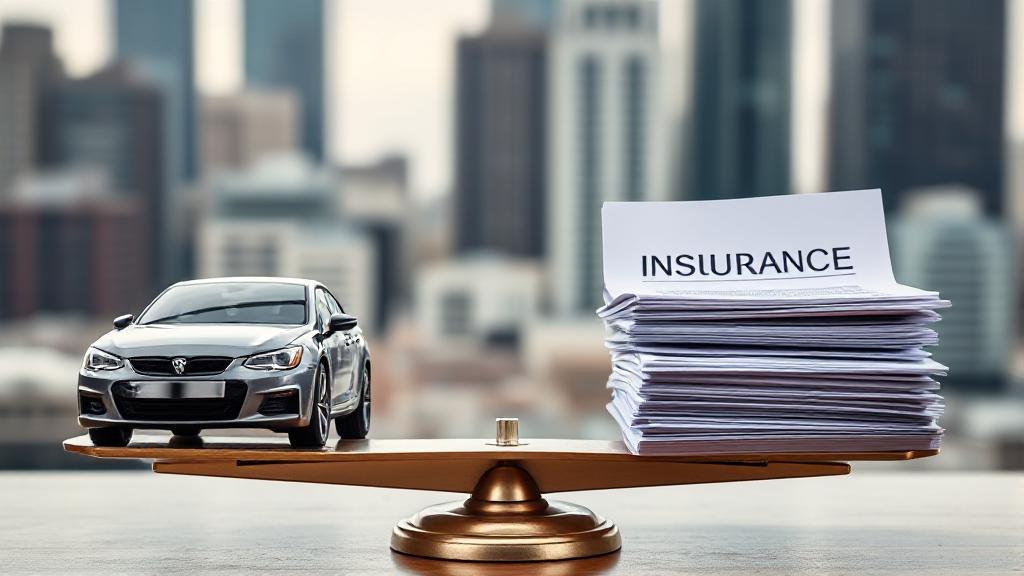 A balanced scale with a car on one side and a stack of insurance policy documents on the other, set against a backdrop of a cityscape.