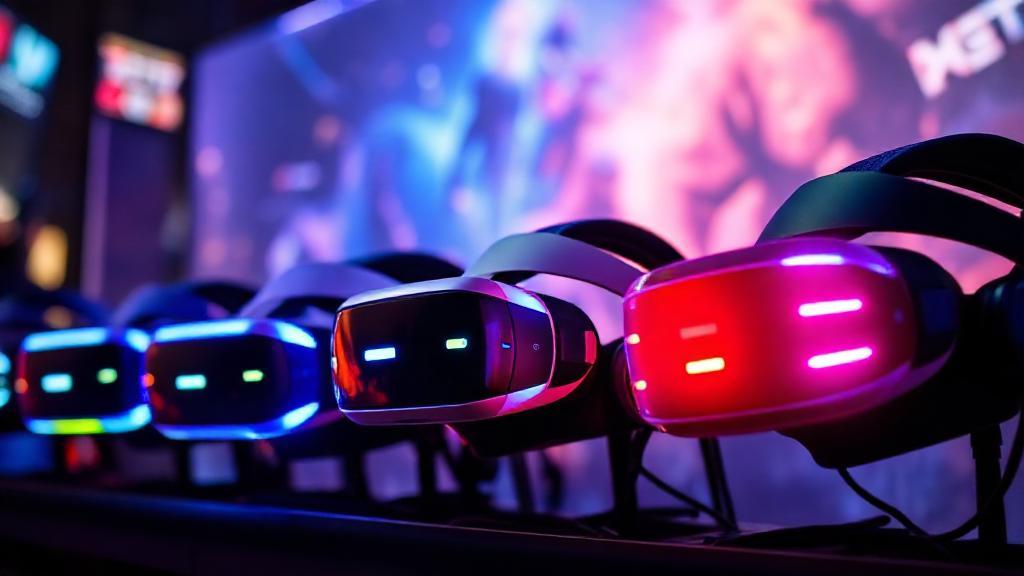 A futuristic lineup of the latest VR headsets glowing with vibrant lights against a dynamic gaming backdrop.