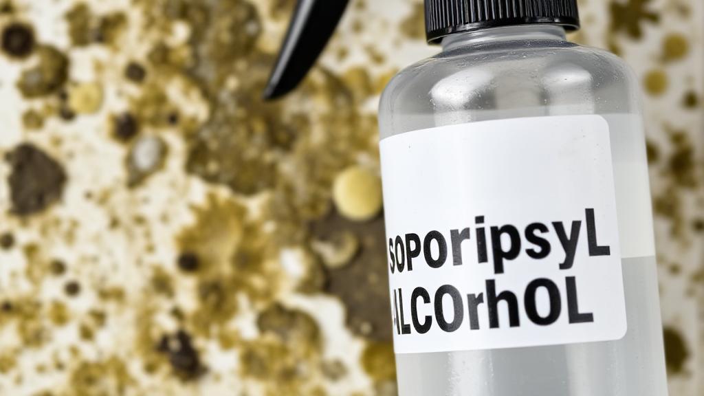 A close-up image of a spray bottle labeled "Isopropyl Alcohol" with moldy surfaces in the background.