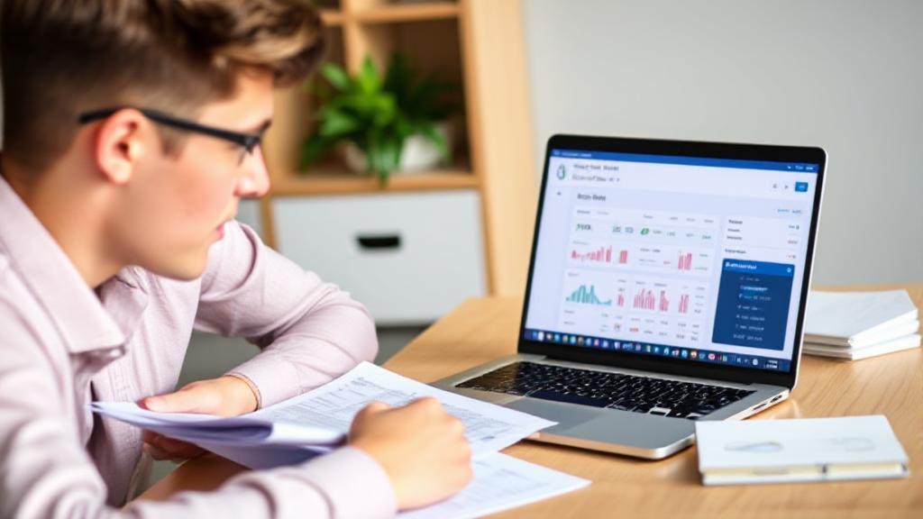 A serene image of a young professional reviewing financial documents at a desk, with a laptop displaying a Roth IRA account dashboard.