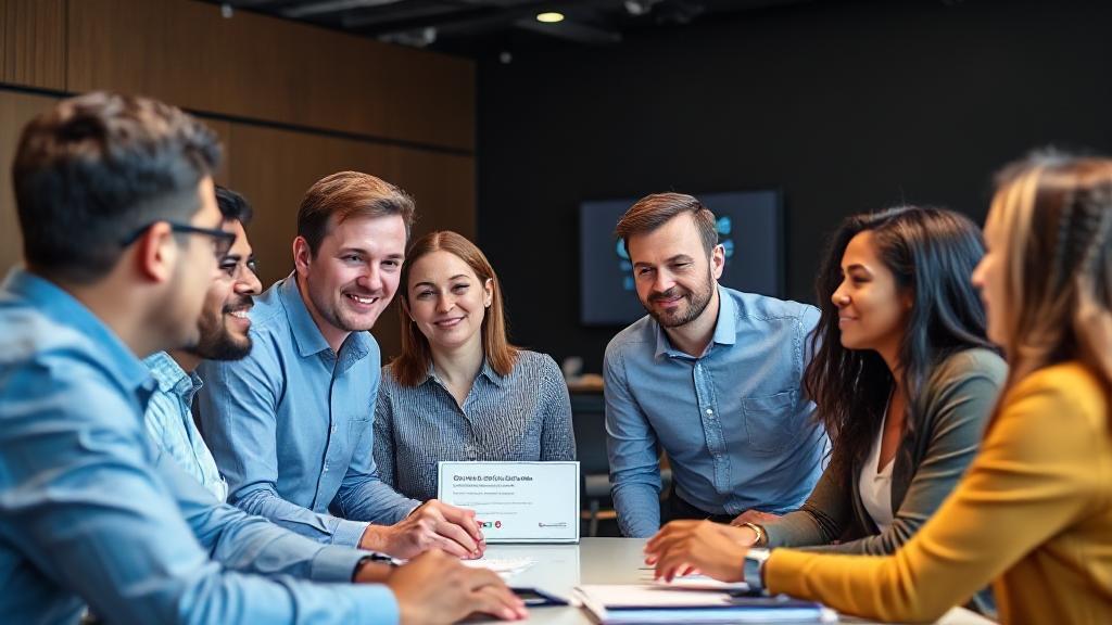 A diverse group of professionals engaged in a collaborative discussion, with Google Certificates displayed on a digital screen in the background.