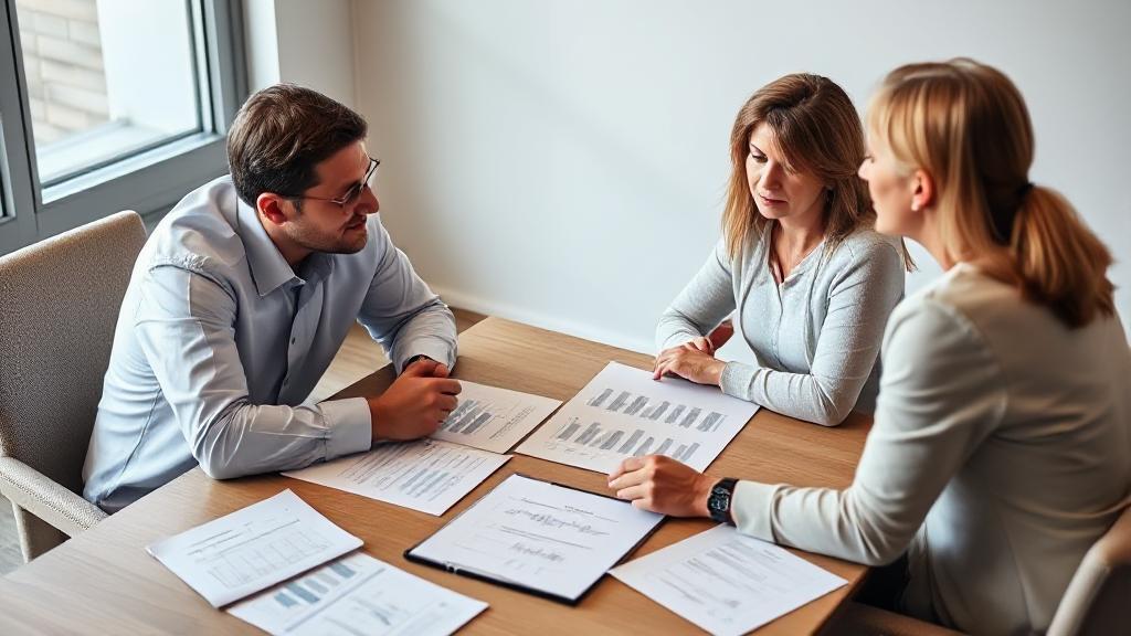 A serene image of a financial advisor explaining IRA rollover options to a couple, with charts and documents on a table.
