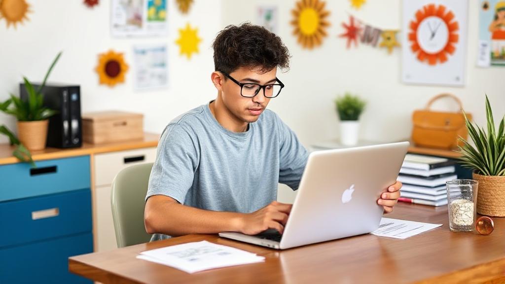 A student sitting at a desk with a laptop, surrounded by summer-themed decor, reviewing financial aid documents.