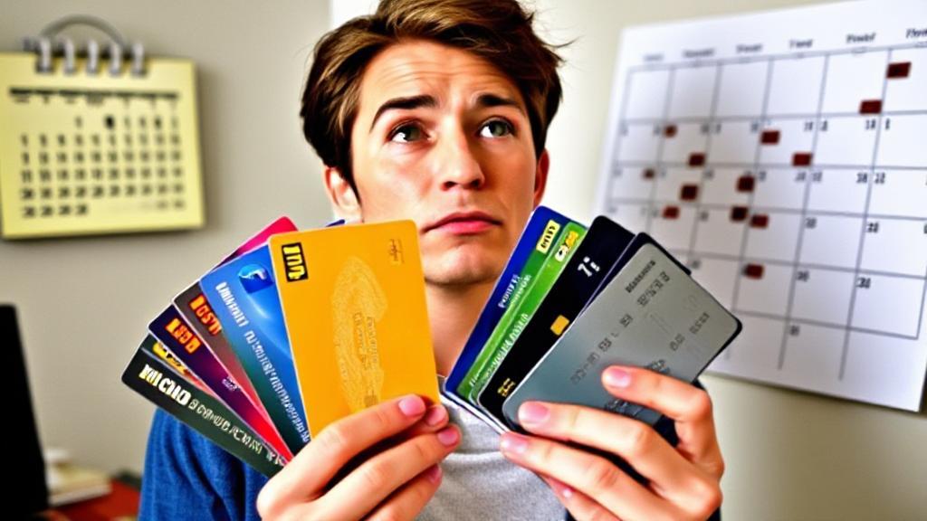 A person holding multiple credit cards, contemplating their next application, with a calendar in the background.