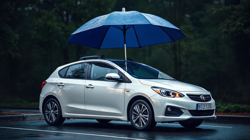 A car parked safely under a protective umbrella, symbolizing comprehensive coverage and security.