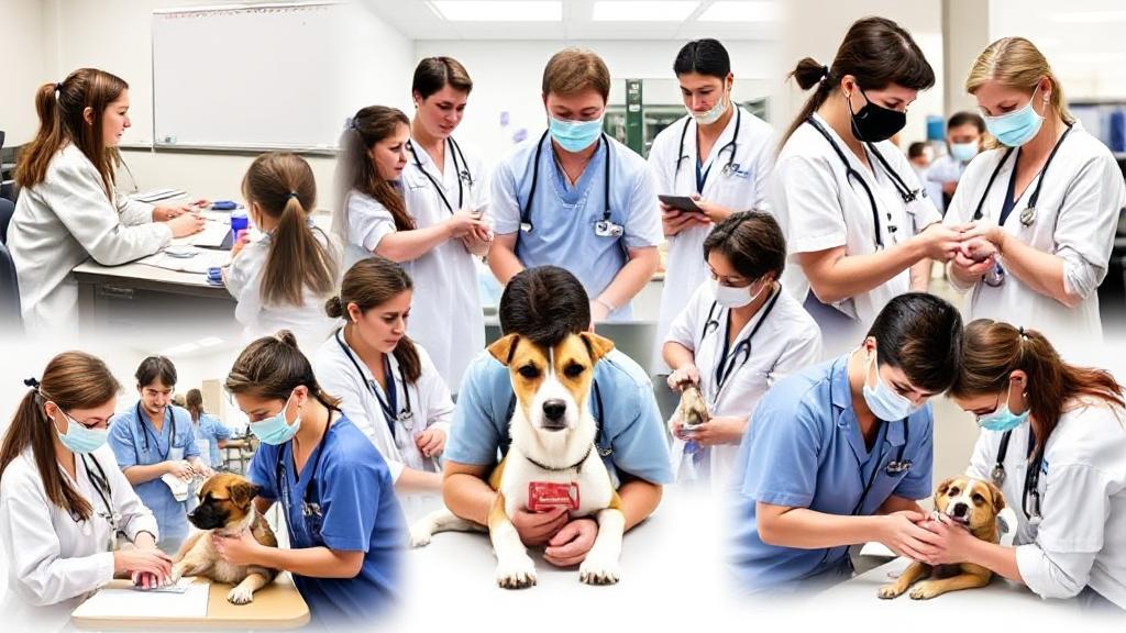 A collage of veterinary students in various stages of training, from classroom learning to hands-on animal care, illustrating the journey to becoming a veterinarian.
