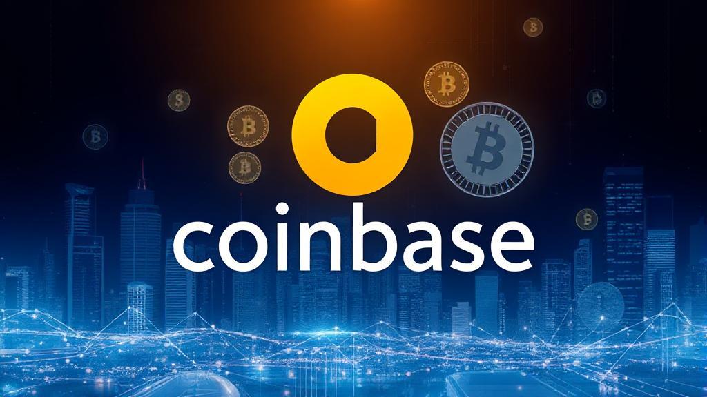 A sleek digital collage featuring the Coinbase logo, cryptocurrency symbols, and a futuristic cityscape background.