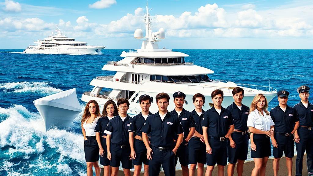 A vibrant collage of luxury yachts, ocean waves, and crew members in uniform, capturing the essence of the high-seas drama of "Below Deck."