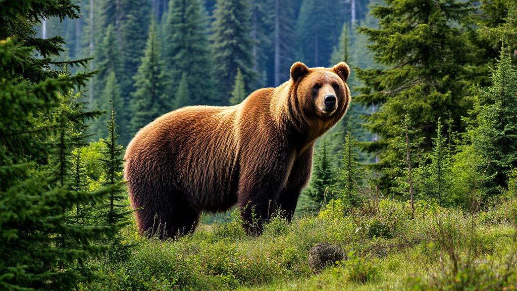 A majestic grizzly bear stands amidst a lush forest, symbolizing its expansive habitat and range.