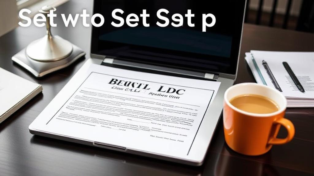 A professional workspace with a laptop displaying legal documents and a coffee cup, symbolizing the process of setting up an LLC.