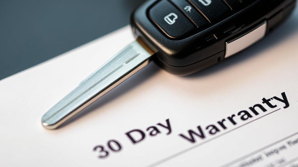 A close-up of a car key fob resting on a used car sales contract, symbolizing the start of a 30-day warranty period.