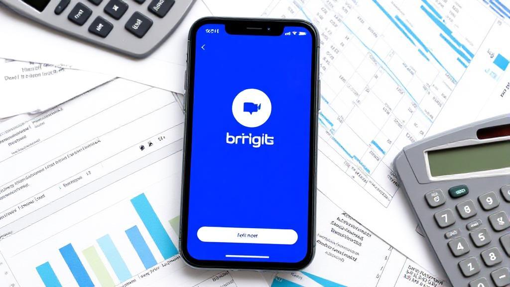 A smartphone displaying the Brigit app interface, surrounded by financial documents and a calculator, symbolizing digital financial management.