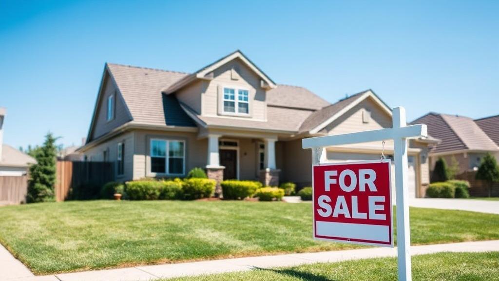 A picturesque suburban home with a "For Sale" sign in the front yard, set against a clear blue sky.