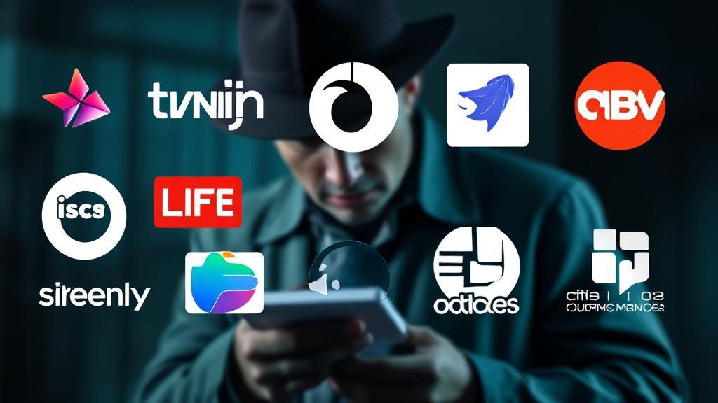 A collage of streaming platform logos with a faded image of a detective examining evidence in the background.