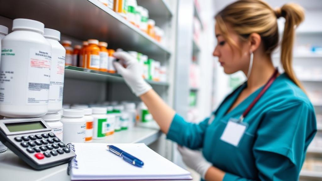 A header image featuring a pharmacy technician organizing medication bottles on a shelf, with a focus on a calculator and a notepad nearby, symbolizing salary calculations.