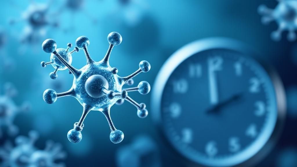 A medical illustration of semaglutide molecules with a clock in the background, symbolizing the duration of the drug's presence in the body.