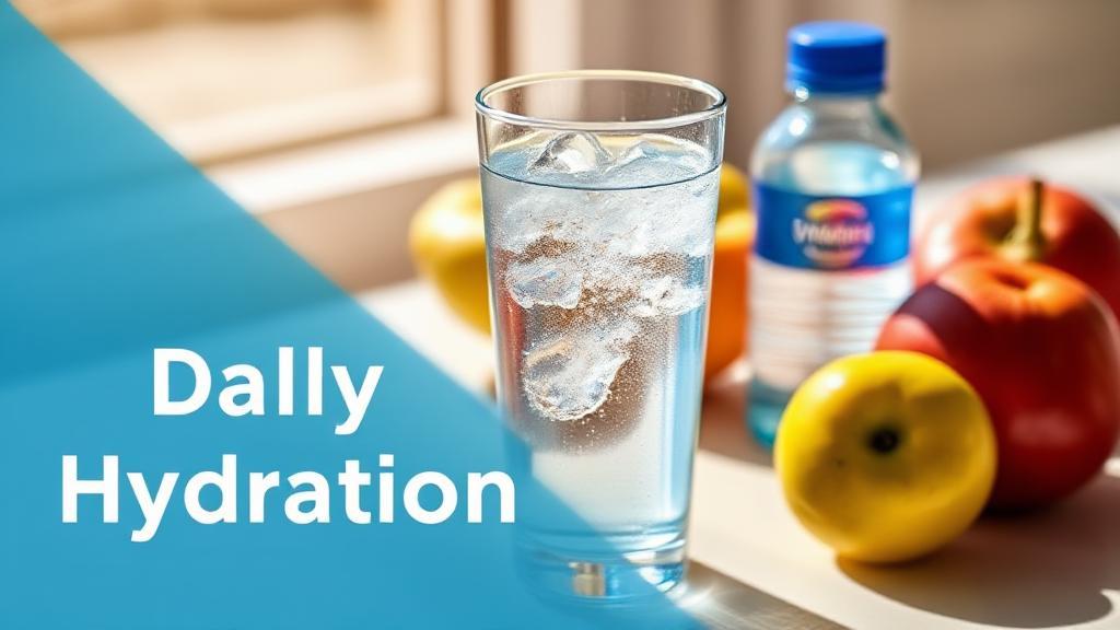 A clear glass of water with condensation sits on a sunlit table, surrounded by fresh fruits and a water bottle, symbolizing daily hydration.
