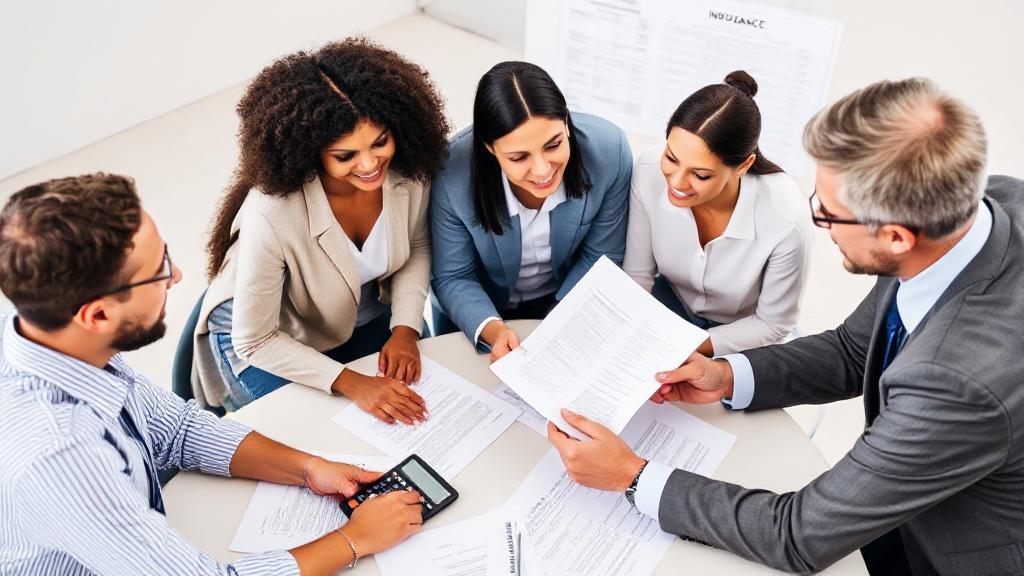 A diverse group of people reviewing documents with a financial advisor, set against a backdrop of insurance policy paperwork and a calculator.