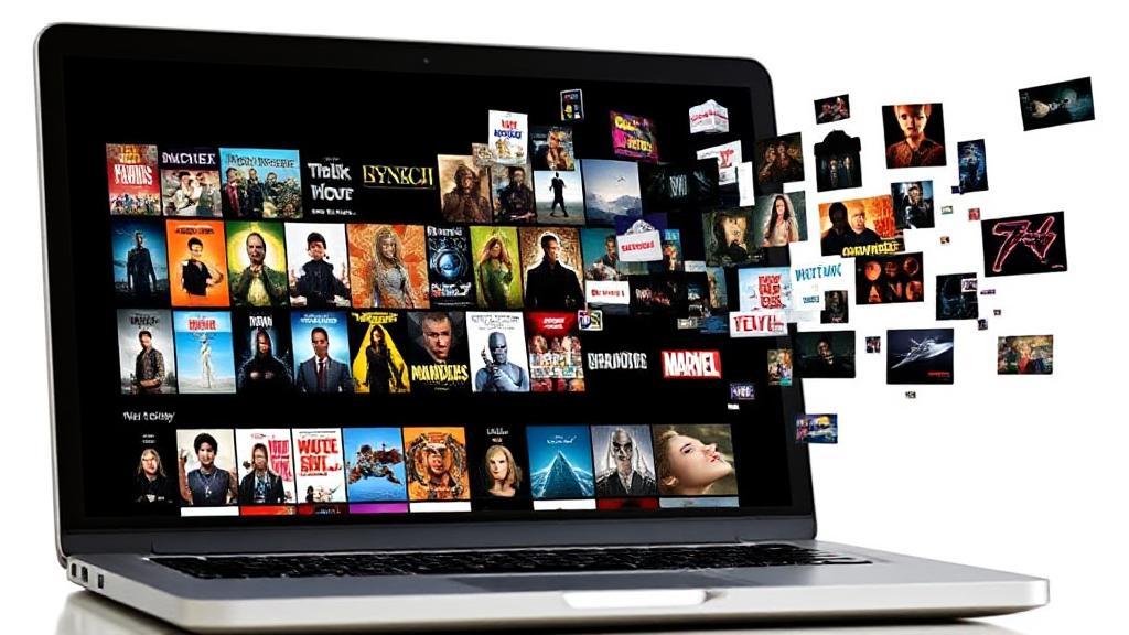 A vibrant collage of popular movie and TV show icons streaming from a laptop screen, symbolizing the diverse online platforms available for viewing.