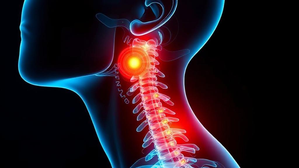 A dynamic illustration of a human neck with highlighted areas to depict pain and injury, symbolizing the impact of whiplash.
