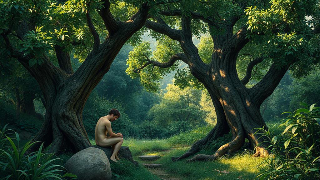 A serene depiction of Adam and Eve in the Garden of Eden, surrounded by lush greenery and the Tree of Knowledge.