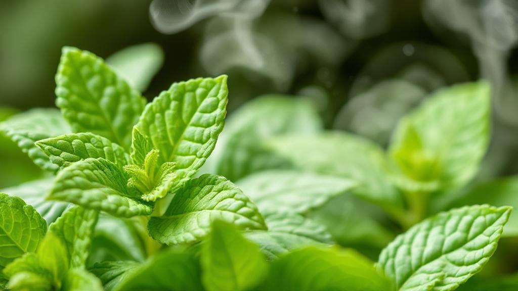 A close-up image of fresh mint leaves with a cool, refreshing mist, symbolizing the essence and benefits of menthol.